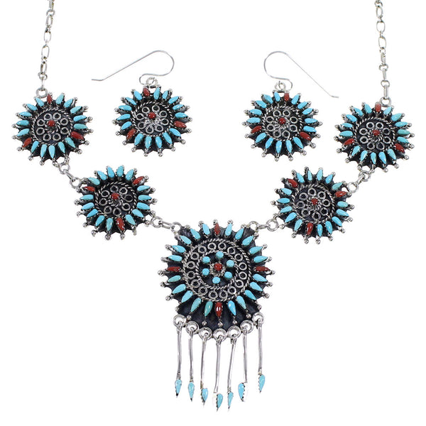 Southwest Turquoise And Coral Needlepoint Silver Necklace And Earring Set EX54066